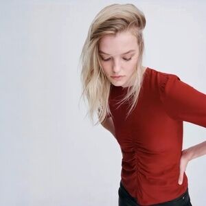 RAG & BONE Maris Deep Berry Silk Ruched Short Sleeve Top Size 2